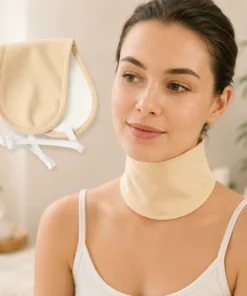 Lifestyle image of a woman wearing a reusable castor oil neck pack, designed for comfortable use around the neck to support relaxation and soothe everyday neck discomfort and stiffness.