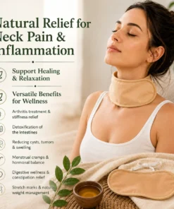 Lifestyle image of a woman wearing a reusable castor oil neck pack, designed for comfortable use around the neck to support relaxation and soothe everyday neck discomfort and stiffness.