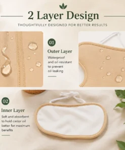 Lifestyle image of a woman wearing a reusable castor oil neck pack, designed for comfortable use around the neck to support relaxation and soothe everyday neck discomfort and stiffness.
