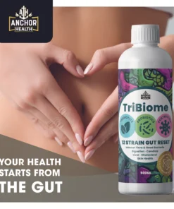 Woman holding stomach showing gut health benefits of probiotic liquid for digestion and bloating relief