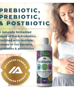 Woman holding stomach showing gut health benefits of probiotic liquid for digestion and bloating relief