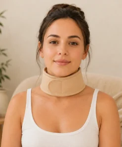 Castor oil neck pack worn by a woman, highlighting natural support for neck comfort, muscle tension, joint pain, relaxation, digestion and overall wellness.