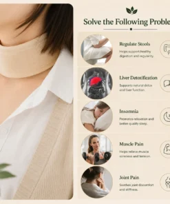 Castor oil neck pack worn by a woman, highlighting natural support for neck comfort, muscle tension, joint pain, relaxation, digestion and overall wellness.