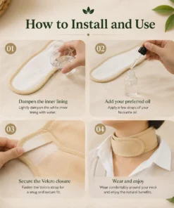 Castor oil neck pack worn by a woman, highlighting natural support for neck comfort, muscle tension, joint pain, relaxation, digestion and overall wellness.